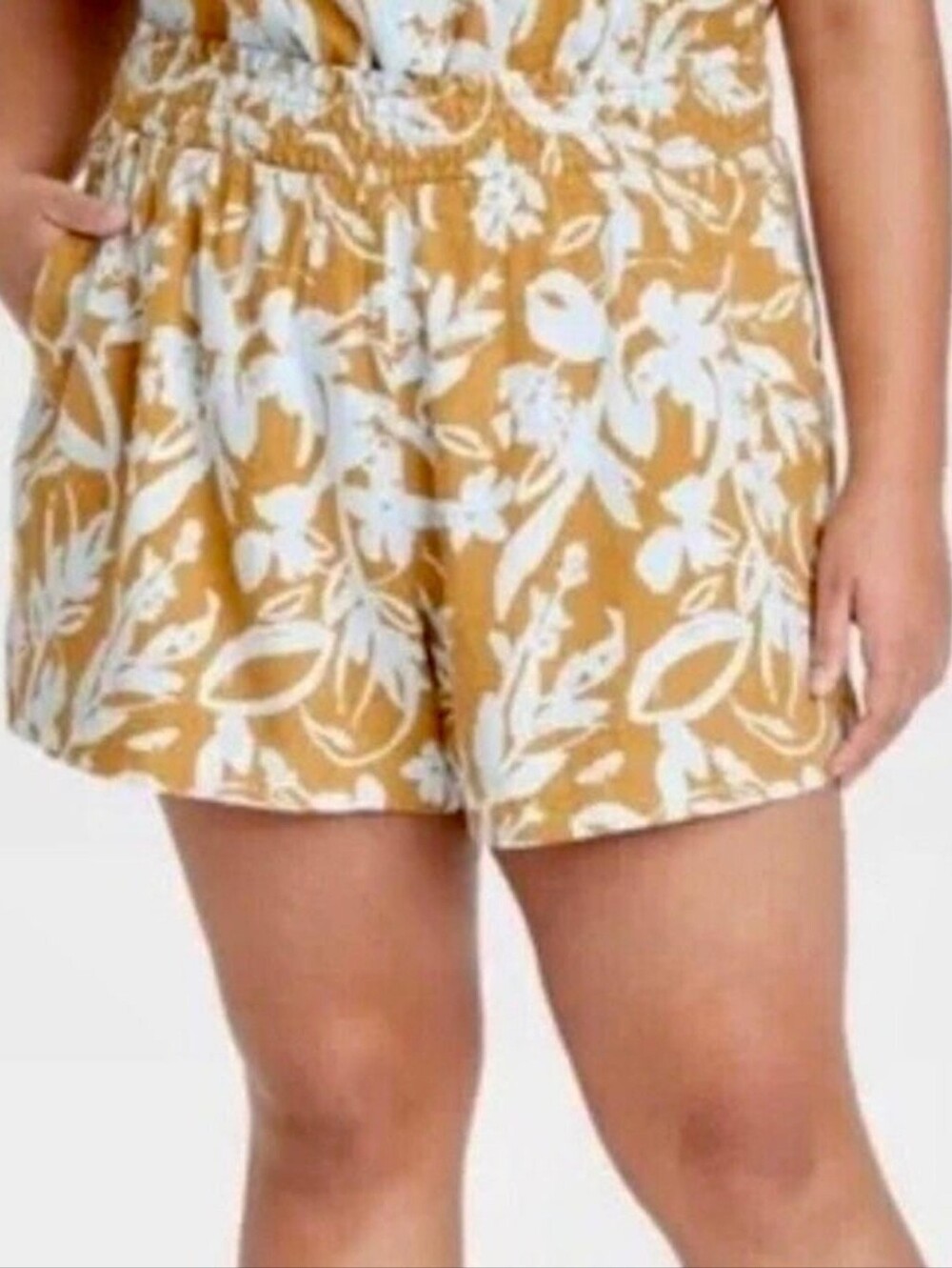 Ava & Viv Mustard Floral Linen Elastic-Waist Shorts